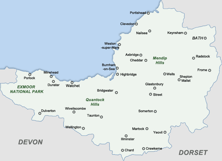 Map of Somerset showing the coast, Exmoor, Wells, Glastonbury and Taunton.